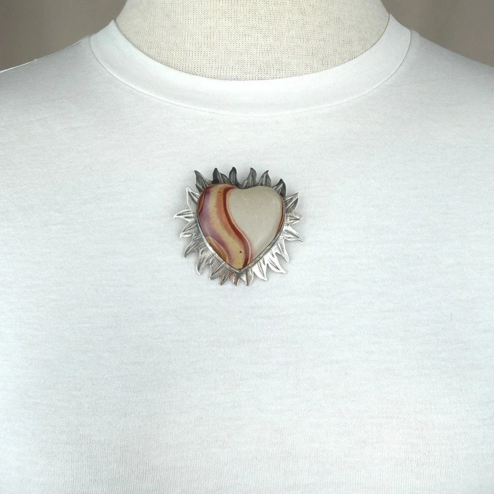 Vintage Sterling Silver Heart Flame Stone Brooch VM MASSE STOLL Southwestern USA